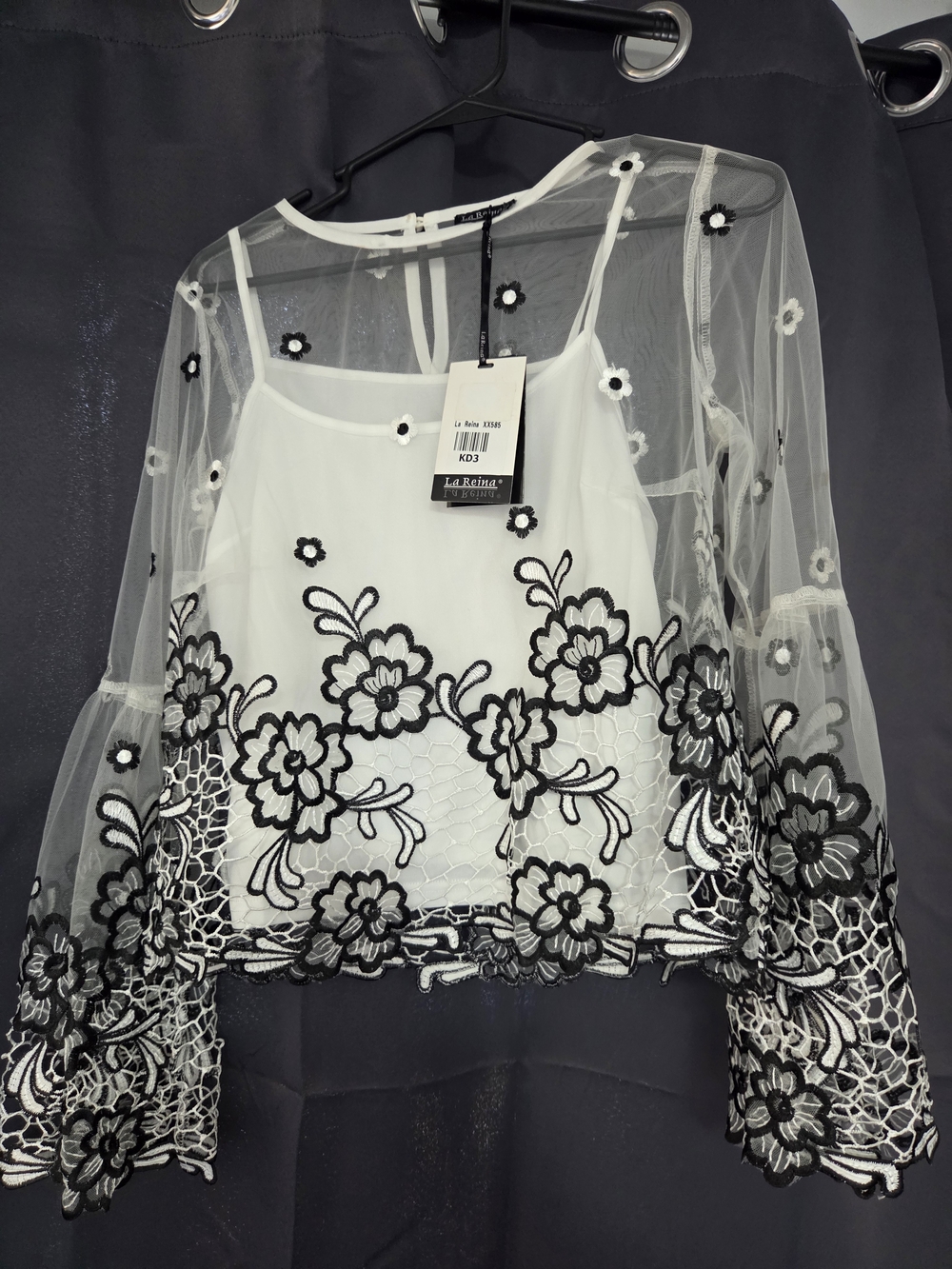Women's White Sheer Floral Embroidered Lace Top- La Reina